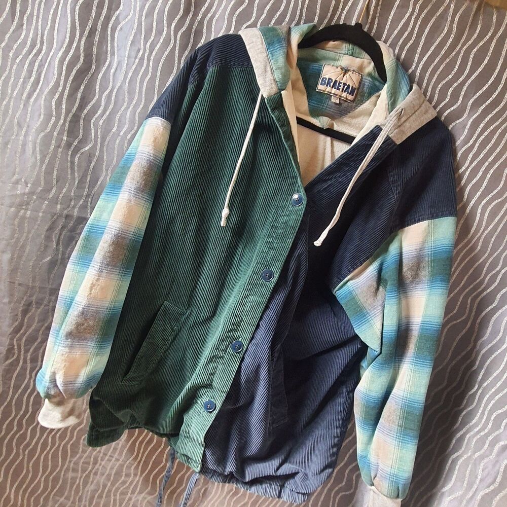 Vintage Braeten Plaid Corduroy Jacket Hooded Mens Sz Large 90s Hip-Hop